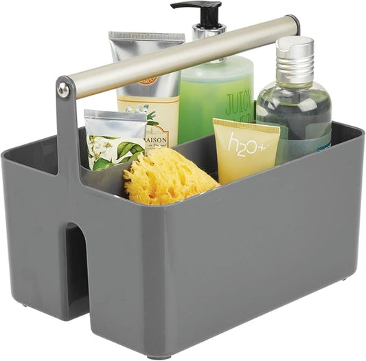 mDesign Plastic Shower Caddy Storage Organizer Utility Tote, Divided Basket Bin - Metal Handle for Bathroom, Dorm, Kitchen, Holds Soap, Shampoo, Conditioner - Aura Collection - Dark Gray/Matte Satin