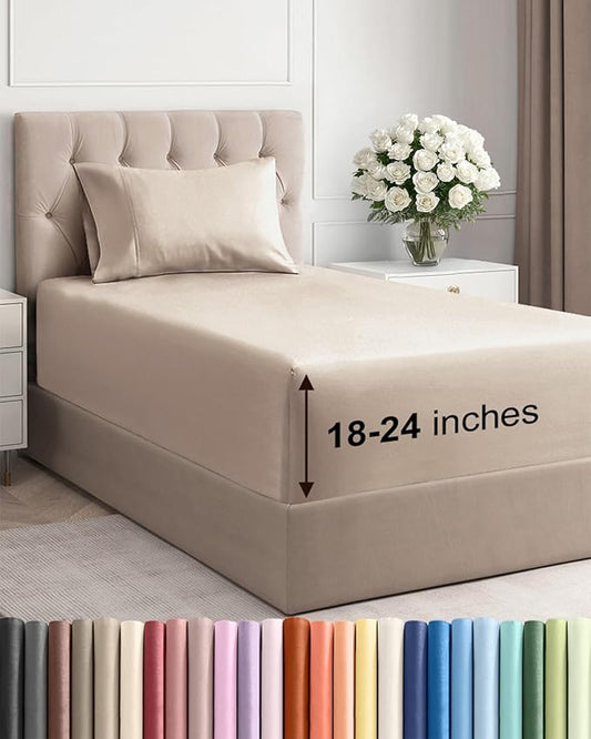 Extra Deep Pocket Twin Sheets - 3 Piece Breathable & Cooling Bed Sheets - Hotel Luxury Bed Sheet Set - Soft, Wrinkle Free & Comfy - Easily Fits Extra Deep Mattresses - Deep Pocket Wheat Sheets Set