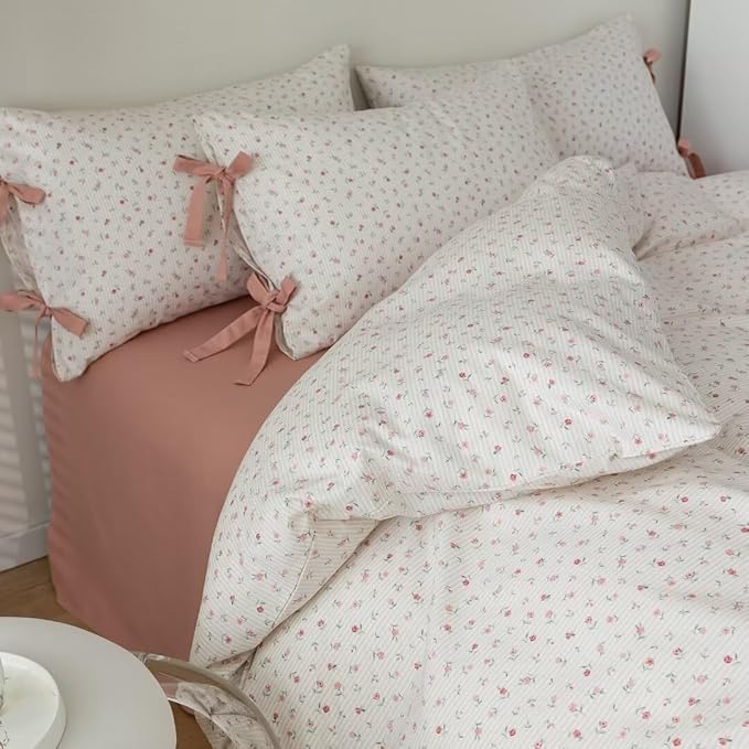 MKXI Pink and White Flowers Comforter Set Full Size Pink Floral Toddler Girl White Print Comforter Soft and Fluffy Pink Stripes Comforter Garden Comforter Set Aesthetic Bedding
