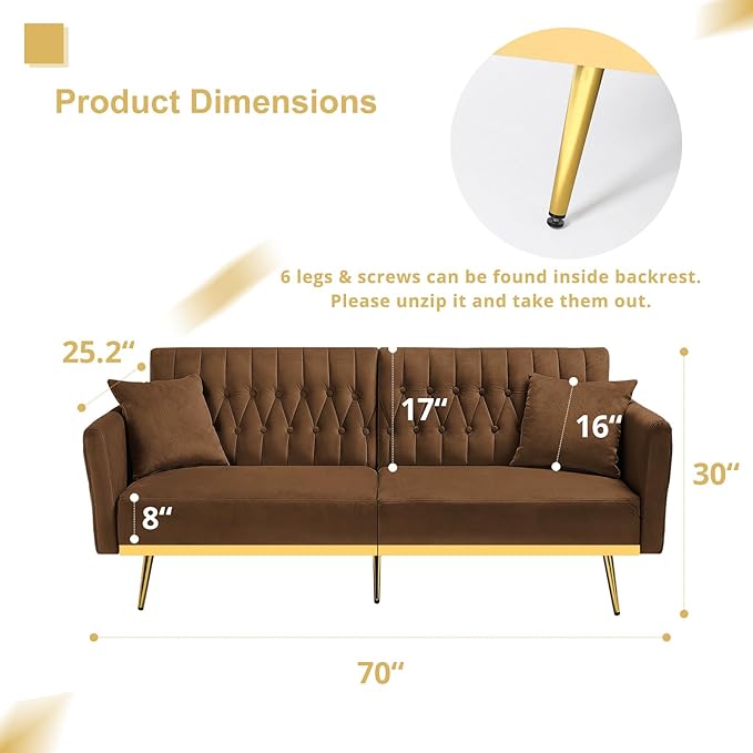 70” Velvet Futon Sofa Bed with 2 Pillows and Adjustable Armrests, Convertible Sleeper Bed W/Adjustable Backrests, Modern Loveseat for Living Room, Bedroom, Brown