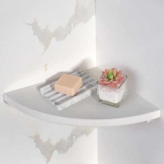 Koville Natural Marble Corner Shower Shelf for Bathroom, 10'' Polished Marble Corner Shelves, Wall Mounted Stone Corner Shower Caddy, No Drilling Adhesive Shelf - White Cliff (No Glue Included)