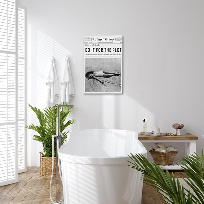 Vintage Women Times Do It for The Plot Wall Art Trendy Black and White Canvas Print Poster Vintage Woman Times Newspaper Prints Beachy Hot Girl Wall Decor for Bar Cart Girls Dorm Bedroom 12x16inch Framed