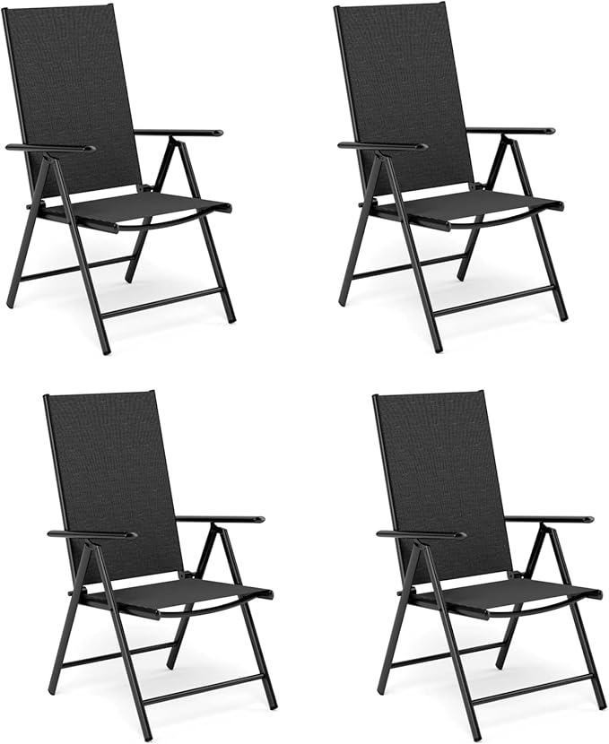 MFSTUDIO Patio Folding Chairs Set of 4, Outdoor Patio Dining Chairs, Portable Black Sling Patio Chairs, 7 Levels Adjustable Sling Back Chairs for Backyard Lawn Garden