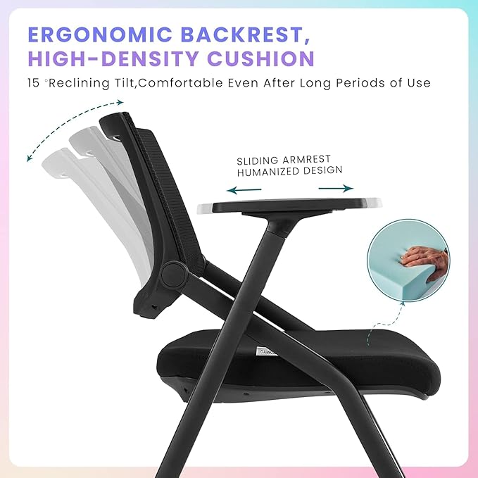 10 Pack Stackable Conference Room Chairs with Wheels and Paddle, Ergonomic Mesh Back and Arms for Meeting, Conference, Reception, Training Room & Home Office Desk Folding Chairs, Black
