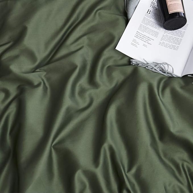 VM VOUGEMARKET Sateen Cotton Duvet Cover Queen,3pcs Dark Army Green Bedding Set for Hot Sleeper,Soft Siky Breathable Duvet Cover with Zipper Closure (Olive Green,Queen)