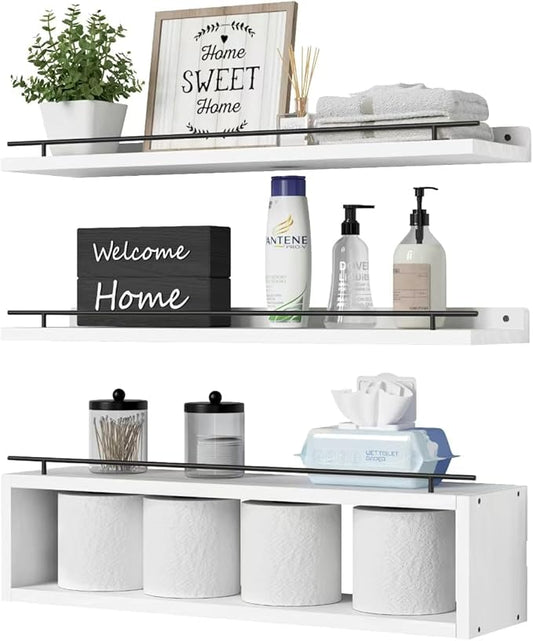 WOPITUES Floating Shelves for Wall 24 inch with Cube Shelf, Wall Shelves with Metal Rail for Bathroom Decor, Bathroom Organizers and Storage, Over Toilet Shelves, Toilet Paper-White