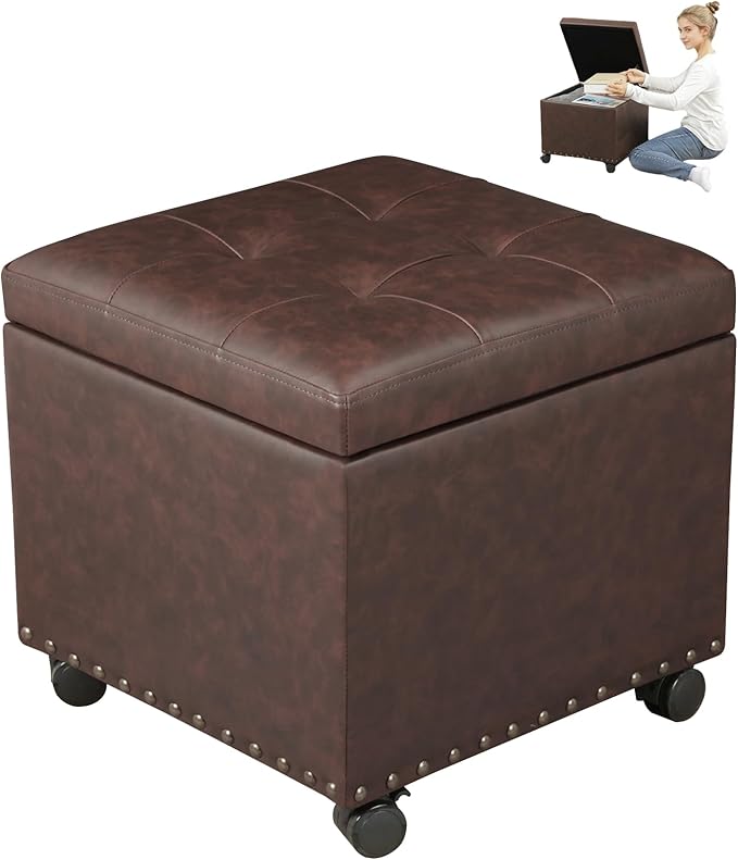 Ottoman with Wheels, 17 Inch Ottoman Footstool with Wheels, Small Square Faux Leather Ottomans Foot Rest Brown Rolling Storage Bench, Hassocks and Ottomans, Footstools for Living Room