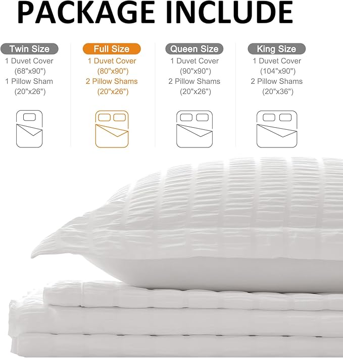 Cozyide White Duvet Cover Full Size, 3 Pieces Bedding Duvet Covers, Soft Breathable Seersucker Duvet Cover Set with Zipper Closure and Corner Ties (1 Duvet Cover 80"x90" + 2 Pillow Shams 20"x26")