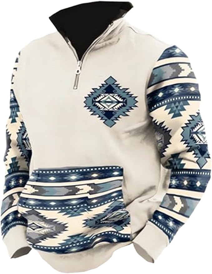 Western Sweatshirts for Men Aztec Cowboy Vintage Graphic Fleece Hoodie Mens Quarter Zip Pullover Country Jacket