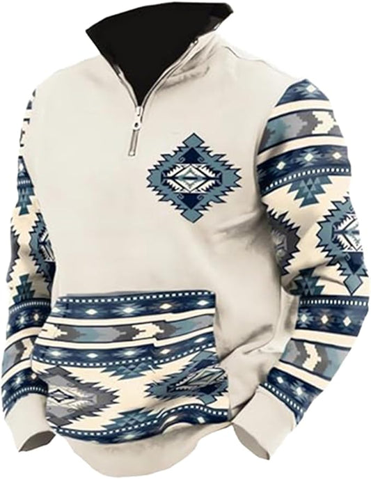 Western Sweatshirts for Men Aztec Cowboy Vintage Graphic Fleece Hoodie Mens Quarter Zip Pullover Country Jacket