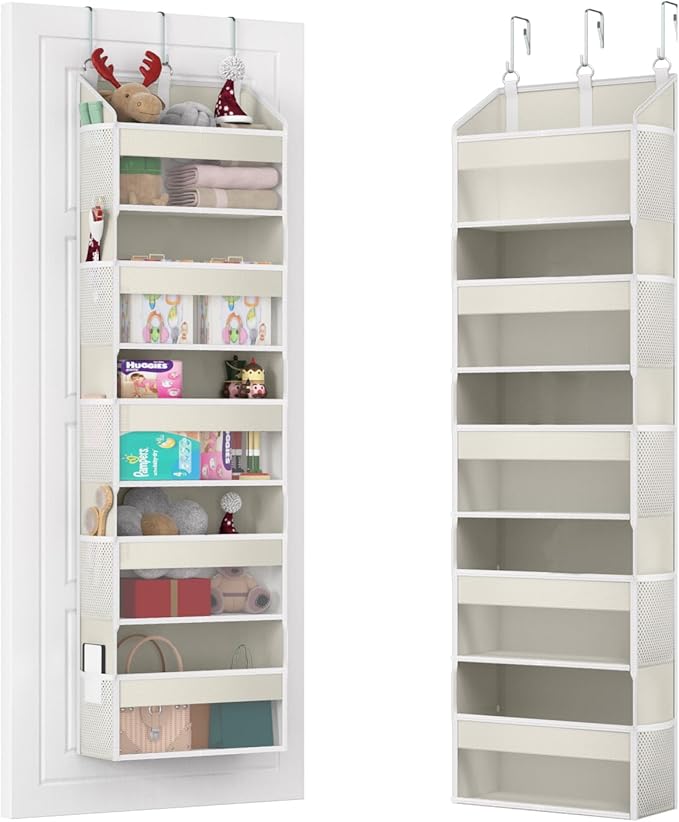 Over the Door Organizer with 5 Front & 10 Mesh Side Pockets, 50LB Capacity Extra Large Hanging Storage Organizer Multi-Room Space-Saving Hanging Shelves with 3 Hook for Closet, Kitchen, Pantry, Beige