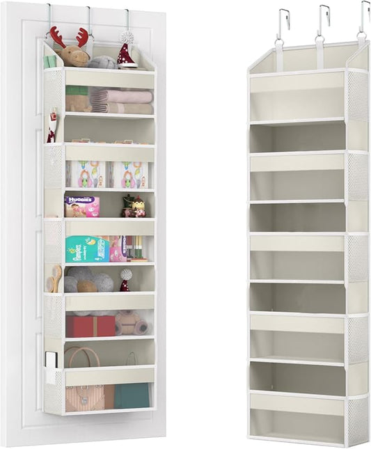 Over the Door Organizer with 5 Front & 10 Mesh Side Pockets, 50LB Capacity Extra Large Hanging Storage Organizer Multi-Room Space-Saving Hanging Shelves with 3 Hook for Closet, Kitchen, Pantry, Beige