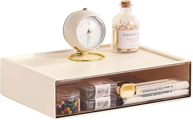 Stackable Desk Organizer with Drawer 13'' Wide Large Desktop Storage Drawer Organizer Clear Plastic Organizer Drawer for Office,Stationery,Cosmetics,Accessories (1 PACK,L-1 Drawer,Cream White)