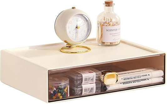 Stackable Desk Organizer with Drawer 13'' Wide Large Desktop Storage Drawer Organizer Clear Plastic Organizer Drawer for Office,Stationery,Cosmetics,Accessories (1 PACK,L-1 Drawer,Cream White)