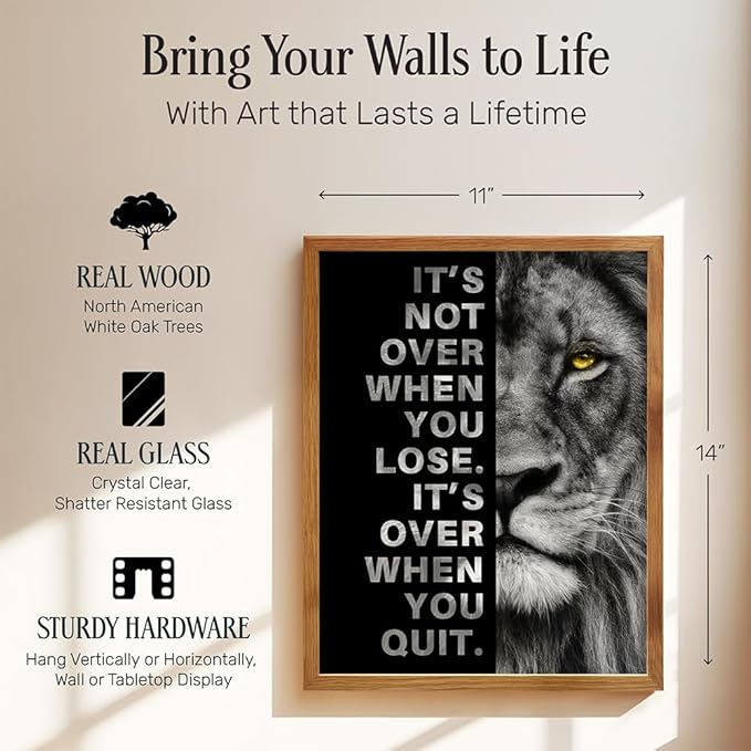 Office Wall Art For Men 11x14 FRAMED - Inspirational Wall Decor - Motivational quote - positive affirmation Wall Art - Gym Motivation Poster - Man cave Decorations - Lion Wall Decor - LARGE