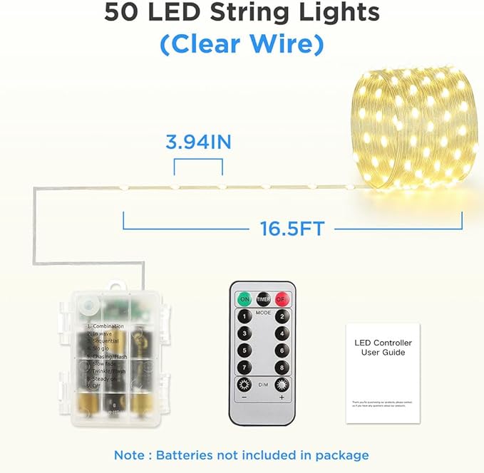 16.5ft Battery Operated String Lights (4 Pack), 50 LED Fairy String Lights Battery Powered with Remote & Timer for Indoor Outdoor Christmas Trees Wreath Decoration Bedroom Patio - Warm White