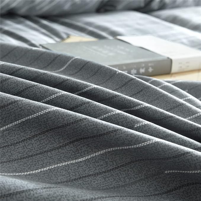 VM VOUGEMARKET Gray Stripes Bedding Set,3 Pieces Twin Duvet Cover with 2 Pillowcases for Boys Men 100% Cotton Modern Reversible Striped Comforter Cover with Zipper-80x90 Inch
