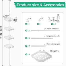 4-Tier Corner Shower Caddy Tension Pole Organizer - Adjustable Rustproof Metal Tension Pole, Plastic Shelves with Safety Guardrail, Bathroom Storage for Shower & Bathtub(White)