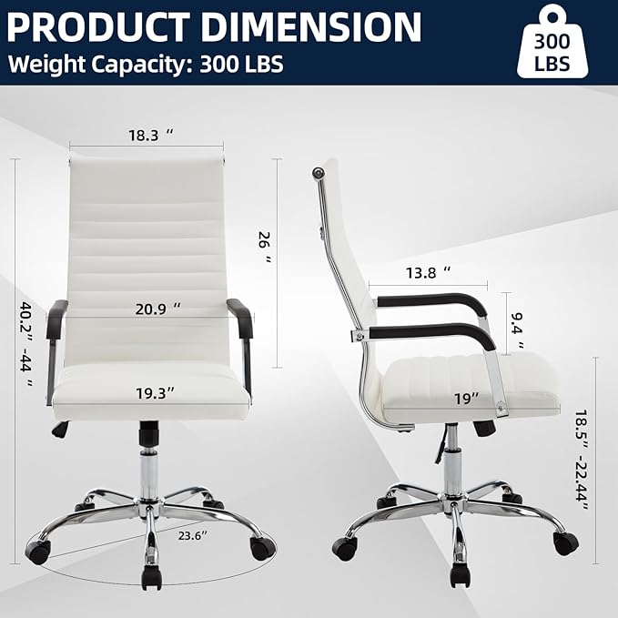 Office Chair, Ergonomic Executive Conference Room Chairs, Ribbed Leather Desk Chair with Lumbar Support, Adjustable Height Mid-Back Swivel Chair (Square Tube Armrests, White)