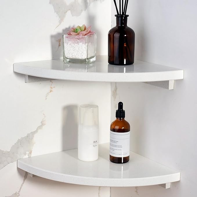 Koville 2 Pcs Wall Mounted White Marble Corner Shower Shelf for Bathroom, 10'' Polished Marble Corner Shelves for Bath, Stone Corner Shower Caddy - White Cliff (No Glue Included)