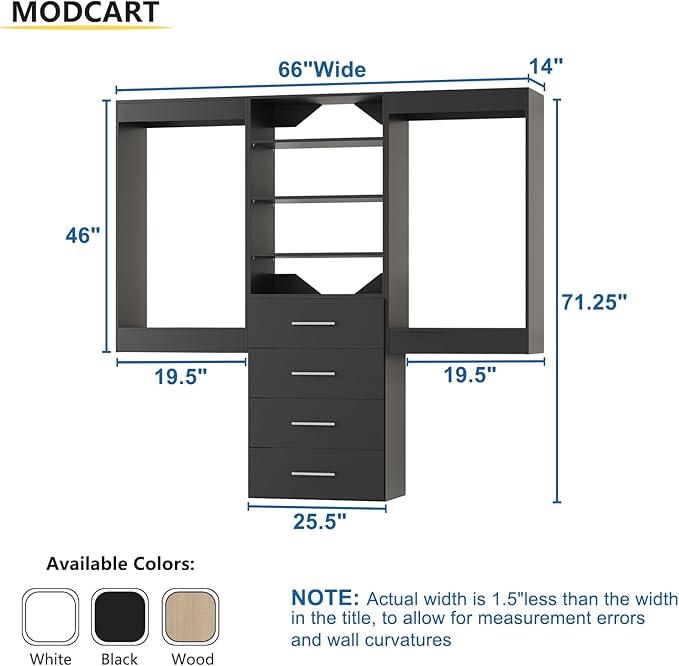 Modular Closet Organizer, 66" Wide with Hanging and Drawers, Wood Tower Storage for Walk-in Closets, Wall-Mounted Black Wardrobe Kit
