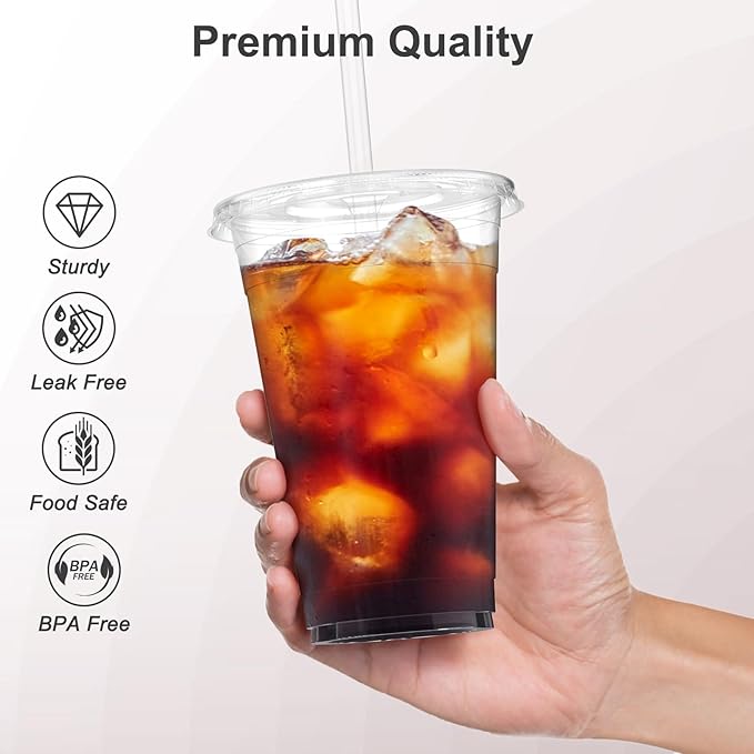 100 Pack - 20 oz Clear Plastic Cups with Lids and Straws, Sturdy & Food Safe Iced Coffee Cups with lids, Disposable Plastic Smoothie Cups for Cold Drinks