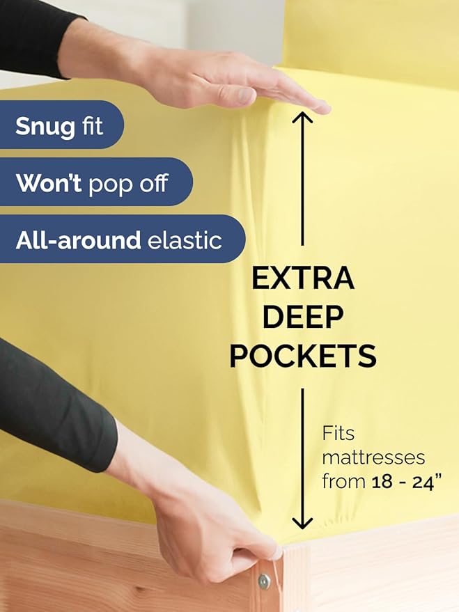 Extra Deep Pocket Queen Sheet Set - 4 Piece Breathable & Cooling Bed Sheets - Hotel Luxury Sheet Set - Ultra Soft, Wrinkle Free & Comfy - Easily Fits Extra Deep Mattresses - Deep Pocket Yellow Sheets