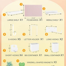 Metal Pegboard Kit — Carbon Steel Pegboards with 26 Accessories, Pegboard Wall Organizer for Home, Office, Study Room, Kitchen, Craft Room & Gaming Setup— 24″ × 16″ Pink Peg Board