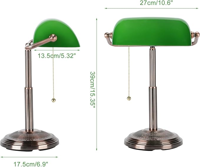 LINNMON Bankers Desk Lamp, Green Retro Lamp, Vintage Lamp with Pull Chain Switch for Home Office (Copper+Green)