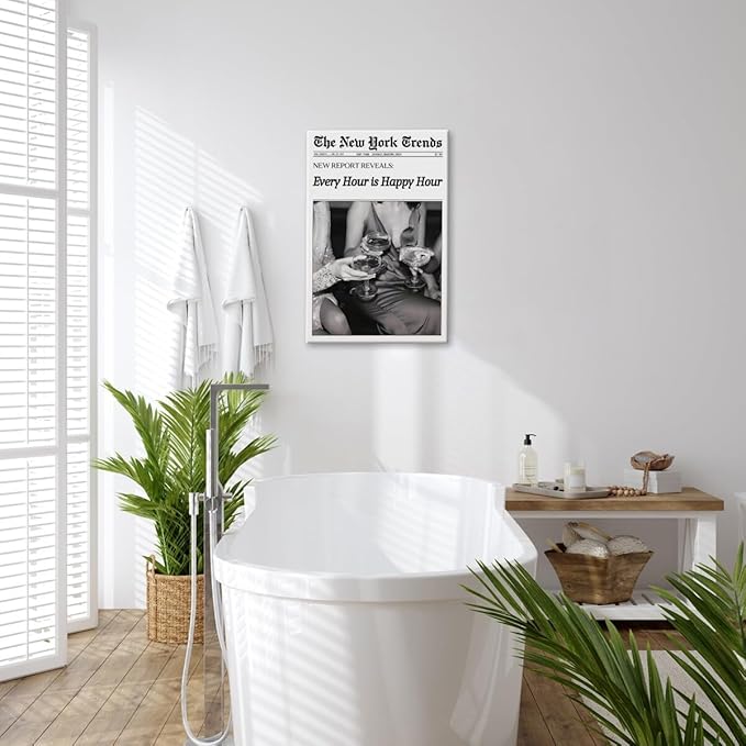 Retro New York Trends Wall Art Black and White Newspaper Poster Every Hour Is Happy Hour Canvas Prints Funky Feminist Posters Trendy Alcohol Wall Decor for Bar Cart Hot Girl Dorm Room Decorative 12x16inch Framed