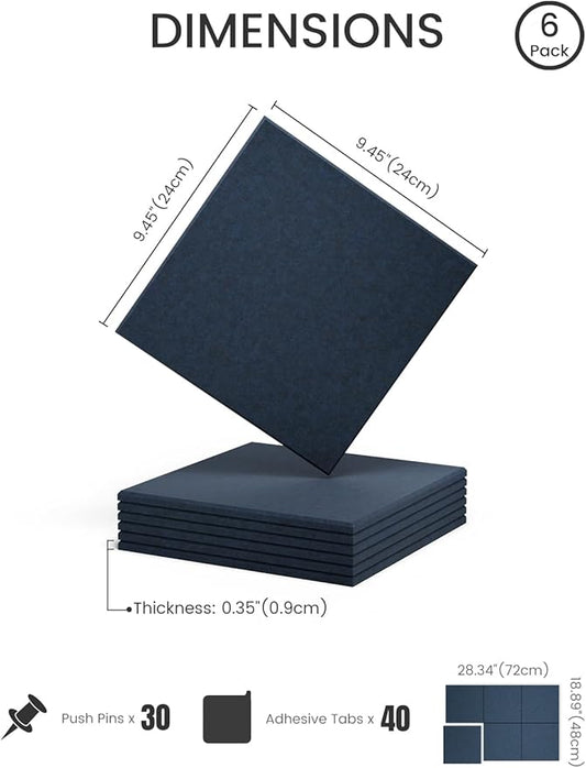 Felt Bulletin Board Tiles -28"x18" Cork Board Alternative for Office Decor, Push Pin Board Wall Organizer 6-Pack - Navy Blue