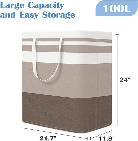 BlissTotes 3-Pack Laundry Basket, Freestanding＆Waterproof Laundry Hamper, Collapsible Tall Clothes Hamper with Easy Carry Handles for Clothes, Towels in the Family and Dorm,Gradient Khaki,100L