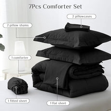 JOLLYVOGUE Queen Comforter Set, Ultra-Soft Bed in a Bag Queen Size 7 Pieces, Oeko-TEX Certified Bedding Set with Down Alternative Comforter, Sheets, Pillowcases & Shams, Black