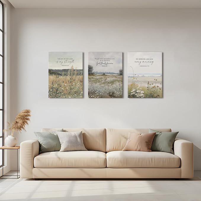3Pcs Framed Bible Verse Wall Art Christian Floral Landscape Scripture Prints Decor Inspirational Religious Canvas Artwork Farmhouse Botanical Faith Quotes for Living Room Bedroom Church 12"x16"