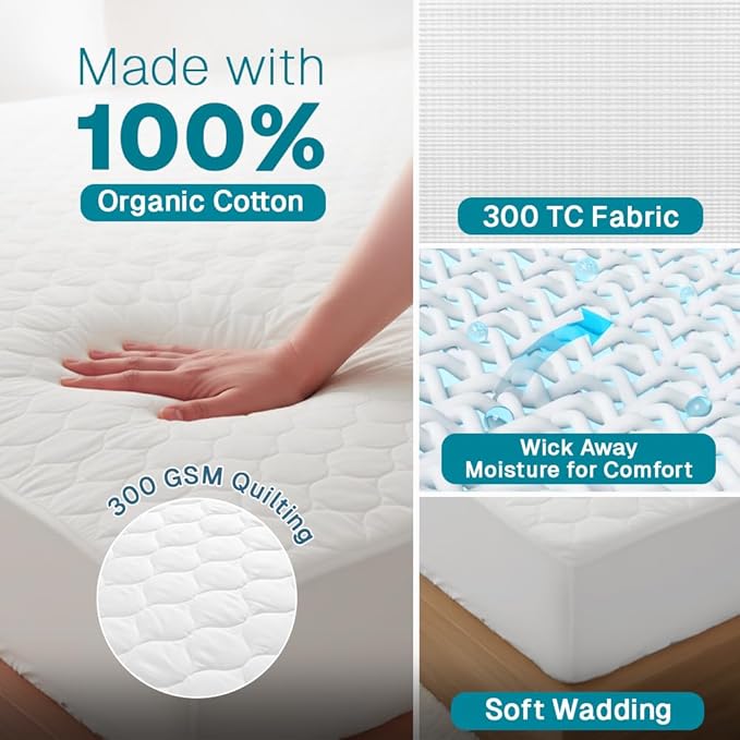 FABDREAMS Organic Quilted Mattress Protector | King Mattress Pad| Mattress Cover| Naturally Breathable | Noiseless| Fits up to 17" Deep Pockets| Temperature Regulating | King | White