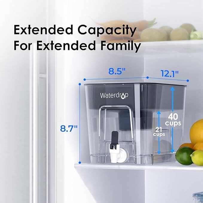 Waterdrop 40-Cup Large Water Filter Dispenser with 1 Filter, 200-Gallon Long-Life, for Home and Office, 5X Times Lifetime, Reduces Chlorine, PFOA/PFOS and More, BPA Free, Black