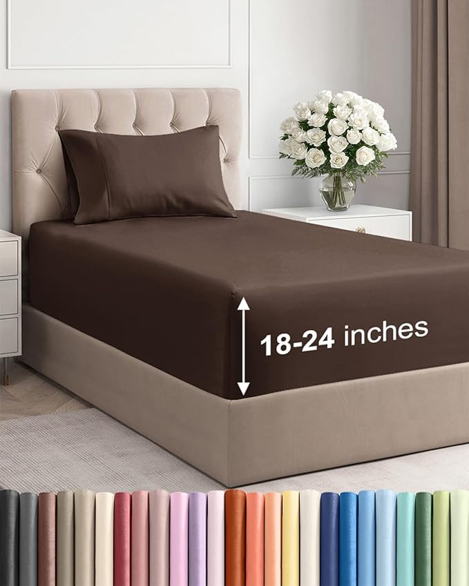 Extra Deep Pocket Twin XL Sheets - 3 Piece Breathable & Cooling Bed Sheets - Hotel Luxury Bed Sheet Set - Soft, Wrinkle Free & Comfy - Easily Fits Extra Deep Mattresses - Deep Pocket Brown Sheets Set
