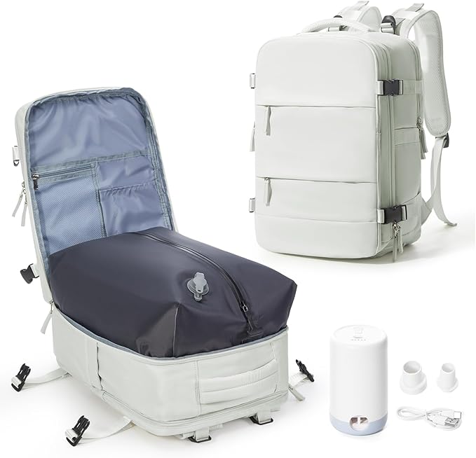 Vacuum Backpack Travel with Electric Vacpack Pump, Vacuum Compression Bags Travel Backpack for Women Men, Flight Approved Waterproof Carry on Backpacks Laptop Work Weekender Daypack, White, Medium