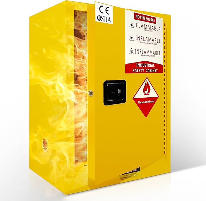40 Gallon Flammable Safety Storage Cabinet, 21" D x 25" W x 35" H Yellow Galvanized Steel Cabinet with Adjustable Shelf for Commercial, Industrial, and Home Garage