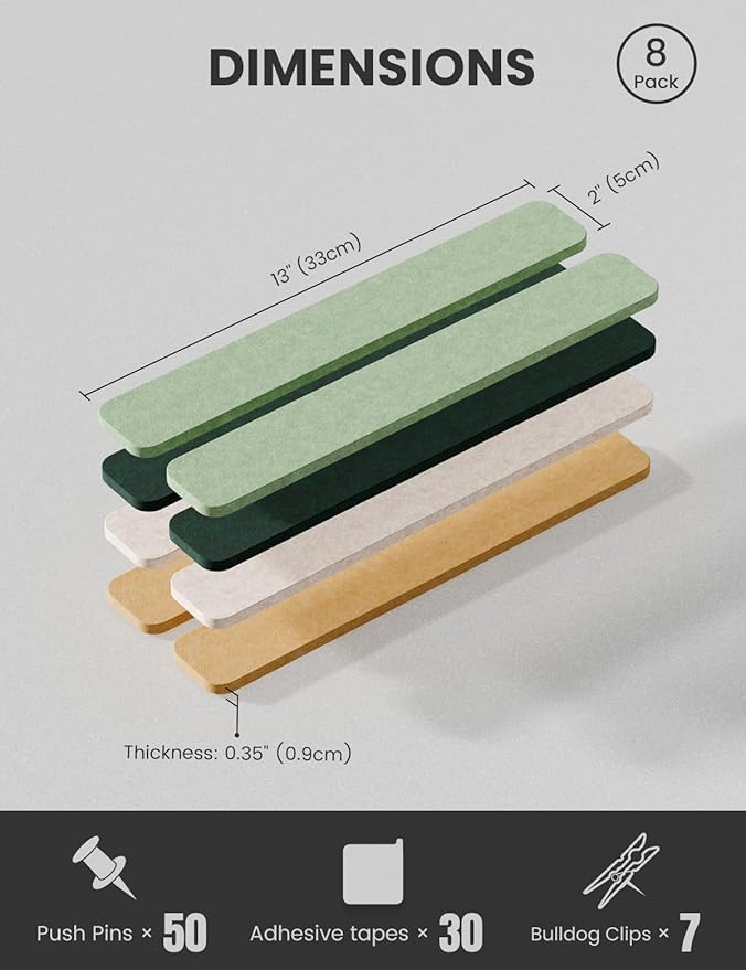 Cork Board Alternative Felt Strip Board 8-Pack 13"x2", Office Pin Board with 50 Push Pins, Adhesive Install for Bedroom Door & Home Office(Forest Meadow)