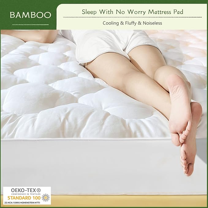 GRT Mattress Pad Cover Rayon from Bamboo Queen Size, Extra Thick Quilted Fitted Mattress Topper with 21 Inches Deep Pocket, Cooling Breathable and Noiseless Mattress Cover