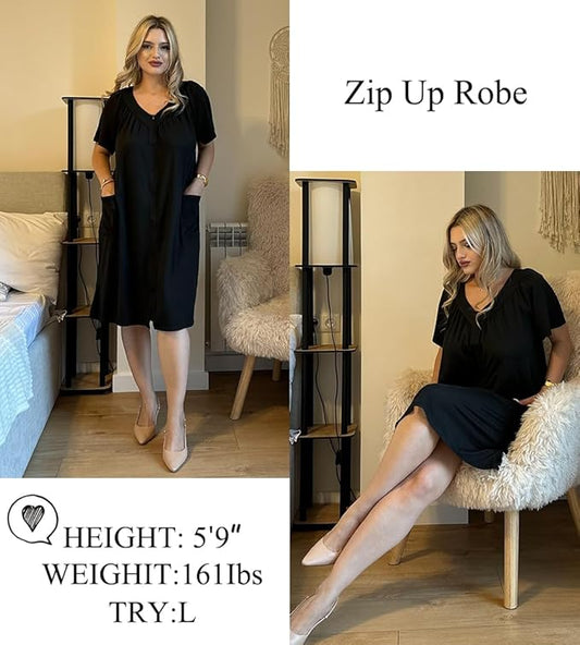 Ekouaer Women Robe Zipper Front Mumu Duster Robes Zip Up Housecoat Soft Sleepwear with Pockets