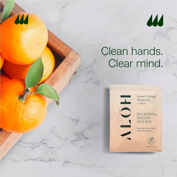 ALŌH Skin - Softening Sanitizing Hand Wipes – Sweet Orange Bergamot - 1 Box of 500ct Individually Wrapped Wipes
