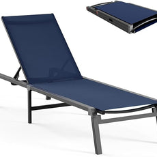 Aluminum Chaise Lounge Ourdoor - Foldable & Assemble Free Outdoor Lounge Chair with 5 Adjustable Backrest, Patio Lounge Chair for Outside Poolside Beach Pool, Navy Blue