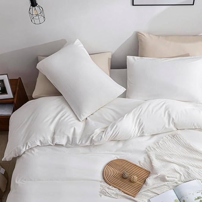 JELLYMONI Cotton Duvet Cover King Size - 100% Washed Cotton Linen Feel Textured Comforter Cover, 3 Pieces Lightweight Soft Bedding Set with Zipper Closure (Bright White, King 104"x90")