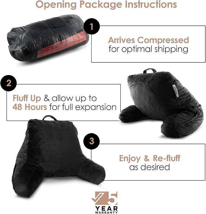 Nestl Reading Pillow with Shredded Memory Foam, Designed for Sitting Up in Bed and Couch, Back and Arms Adjustable Support for Adult & Teens Backrest Pillows for Reading, with Washable Cover Black