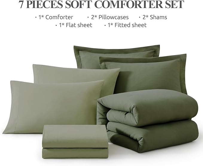 WRENSONGE Queen Comforter Set- 7 Pieces Soft Olive Green Bed in a Bag with Fitted Sheet, Flat Sheet, 2 Pillow Shams, and 2 Pillowcases- Warm Bedding Sets Queen for All Season