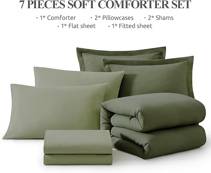 WRENSONGE Full Size Comforter Sets, 7 Pieces Olive Green Bed in a Bag with Fitted Sheet, Flat Sheet, 2 Pillow Shams, 2 Pillowcases, Warm Bedding Sets for All Season