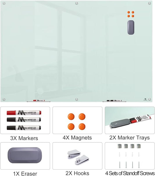 TSJ OFFICE Glass Dry-Erase Board - 72 x 48 Inches (6' X 4') Wall Mounted Glass Magnetic Whiteboard, Extra Large Frameless White Board for Office, Home & School