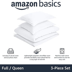 Amazon Basics Lightweight Microfiber 3 Piece Duvet Cover Set with Zipper Closure, Full/Queen, Bright White, Solid